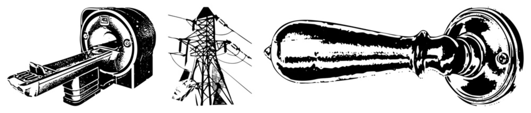 Black and white vector illustration of medical MRI machine, electricity pylon, and antique door handle, isolated objects with halftone shading and clean.