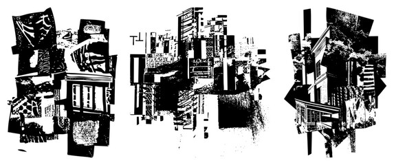 Fototapeta premium Stylized black and white building fragments with halftone textures, deconstructed urban forms, graphic architecture, vector art, modernist design, architectural collage.