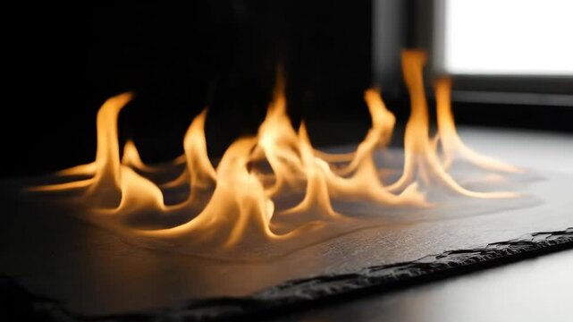 Close-up of warm flames burning on a black surface, fire with a dark background.