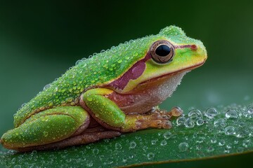 Obraz premium Frog resting on a wet leaf, macro photography look