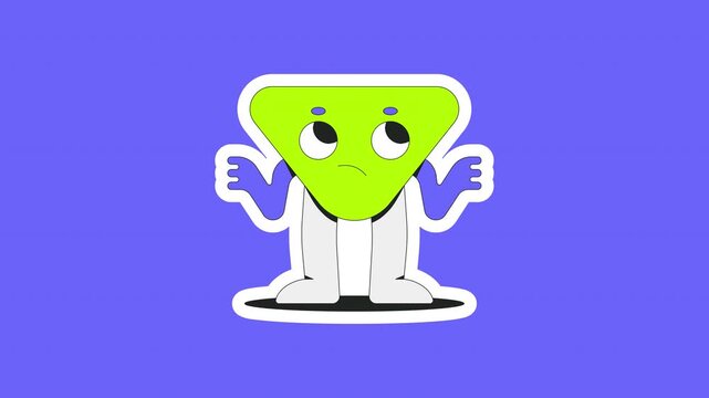 Confused groovy triangle character shrugging digital sticker animation. Retro 70s mascot. Isolated animated icon with transparent background. Applying die-cut design. 4K video overlay element