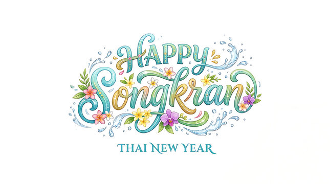 Happy Songkran Typography with Blue Water Splash Minimal Festival Design Isolated on White Background