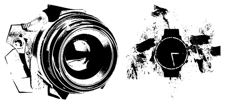 Graphic design featuring camera lens and wristwatch with gritty halftone texture, vector art, tech and timepiece, isolated digital illustration.