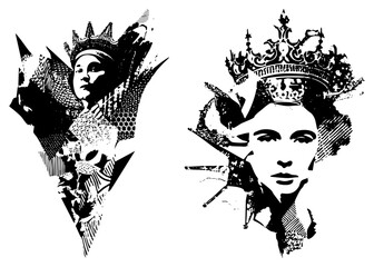 Fototapeta premium Monarch portraits wearing ornate crowns, stylized halftone, graphic art, headshots, vector illustration, black and white design,.