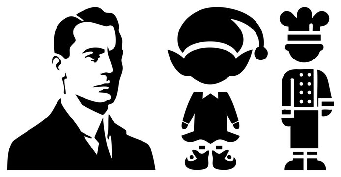 Vector silhouette of man in suit, festive elf, chef all isolated black shapes. Flat graphic design with clean, perfect for logos or print.