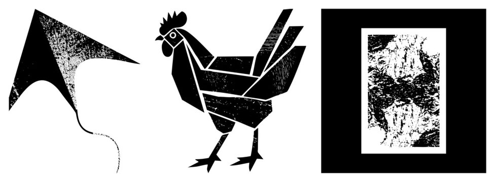 Abstract geometric kite, stylized rooster, framed tree bark texture all in vector art with halftone grain. Ideal for graphic design, print, or web assets.
