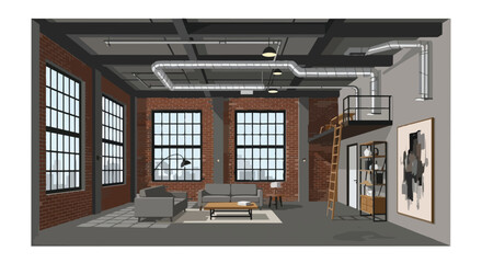 Contemporary urban loft interior design with exposed brick walls, large industrial windows, and modern furniture arrangement, creating a stylish and © Rizky