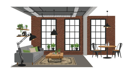 Modern industrial loft interior design featuring brick walls and spacious layout © Rizky