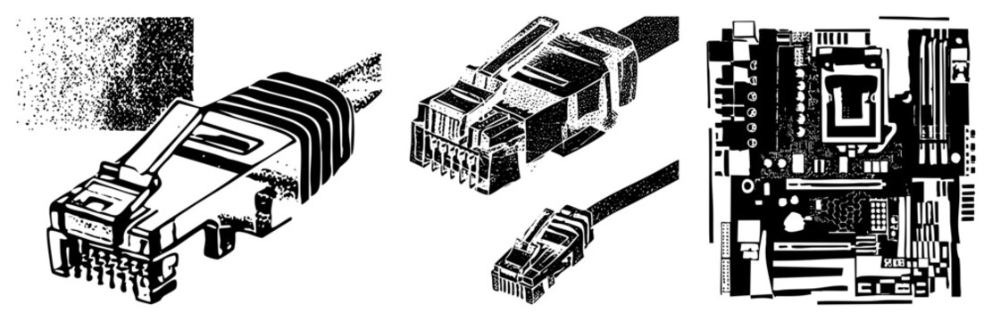 Detailed halftone vector graphics of Ethernet jacks, modular plugs, and PC motherboard components, isolated technical illustrations for digital design, engineering, or educational use.