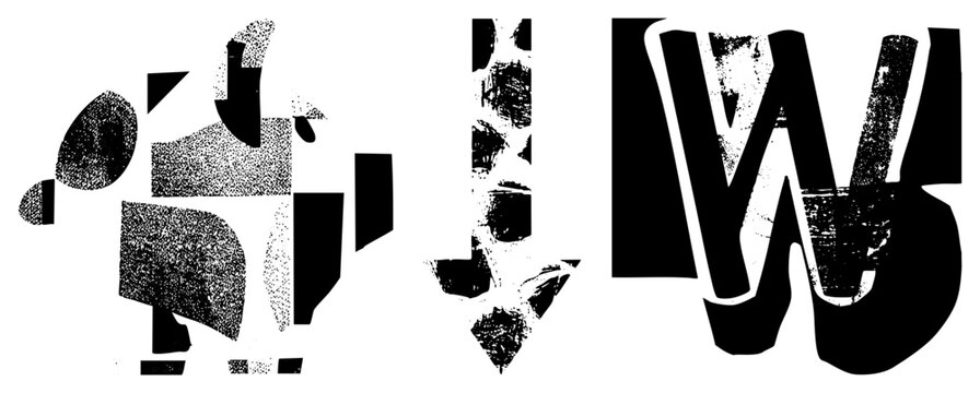 Stylized vector shapes composed of fragmented forms, halftone, and distressed textures modern graphic design elements with gritty visual effects.