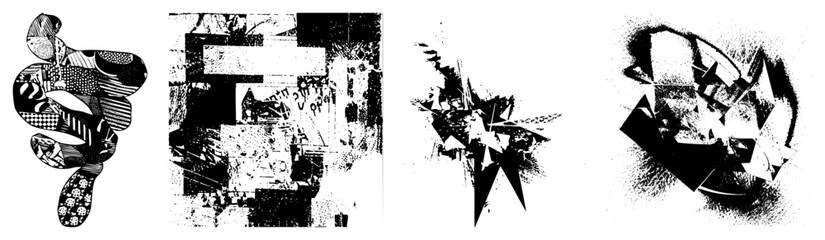 Obraz premium Fragmented abstract forms with halftone textures and sharp angles, modern graphic art, vector design, artistic composition, aesthetic.