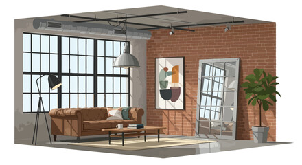 An inviting industrial loft living space rendered with modern aesthetics, highlighting exposed brick walls, an expansive gridded window, a cozy © Rizky