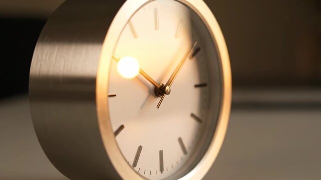 Close-up of silver analog clock face, showing time, with light effect.