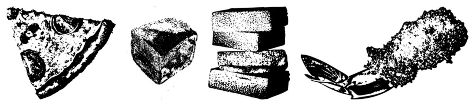Vector halftone food pizza slice with toppings, ice cube, stacked bread loaves, lobster tail. Classic stippled art style, isolated food graphics.
