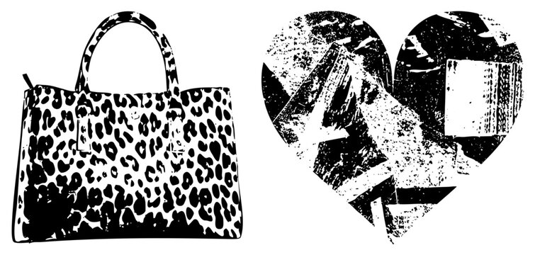 Stylish leopard print tote bag with handles and buckle, paired with distressed heart shaped graphic, bold black and white vector art, fashion accessory and abstract symbol.