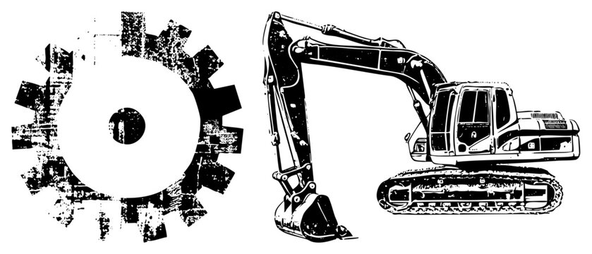 Mechanical gear with grunge texture, excavator construction vehicle, heavy equipment, machinery, industrial design, engineering tools, vector graphic.