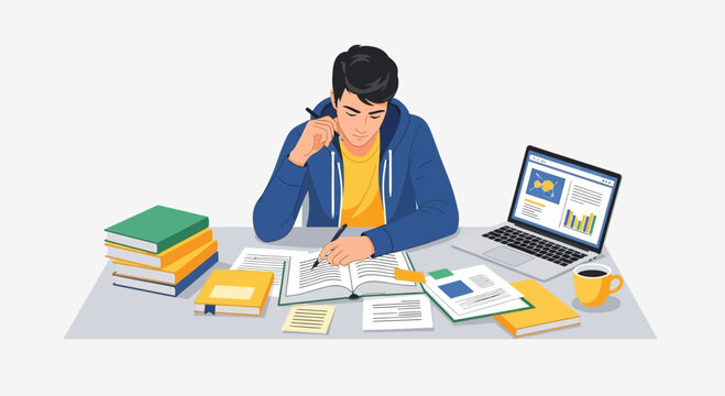 Young student diligently studying at a desk with books and a laptop