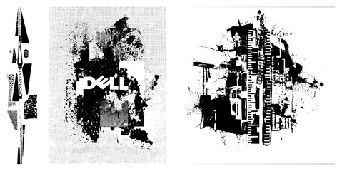 Fototapeta premium Fragmented vector shapes with halftone grit, logo embedded, abstract tech art, digital glitch style, graphic, isolated vector elements.