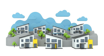 Stylized Suburban Neighborhood with Modern Houses and Trees