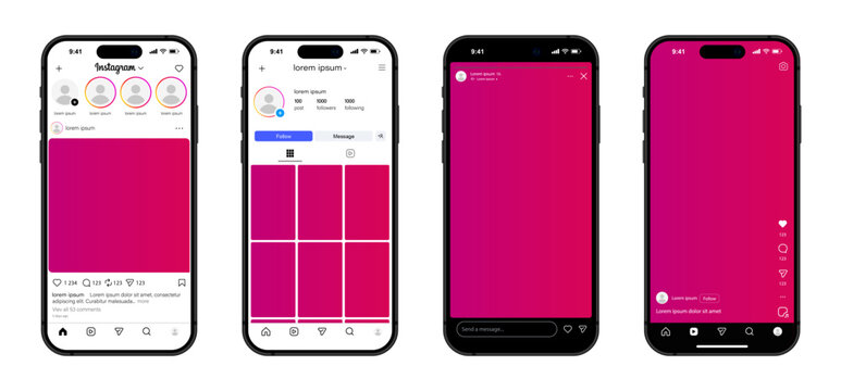 Instagram template app screens on Apple Iphone mockup set. Realistic Instagram interface on smartphone: profile, post, message, shop, icons set. Editable text and blank frames. Editorial Vector.