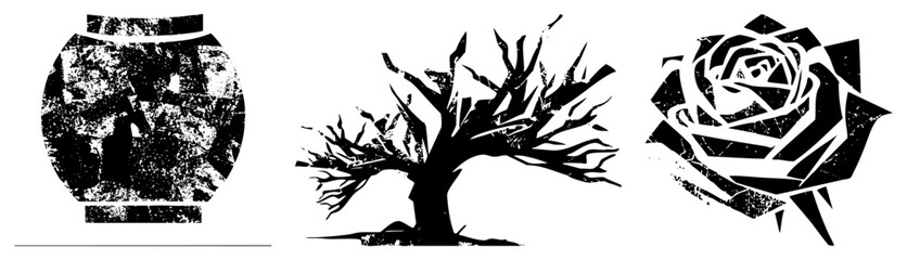 Obraz premium Stylized black and white rose, gnarled tree, and distressed vase graphic, textured vector art with gritty aesthetic, isolated design elements.
