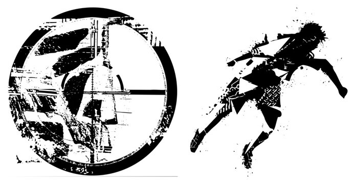 Stylized runner in motion, fragmented silhouette, abstract athletic form, graphic design, vector art, high contrast black white, motion capture, kinetic energy.