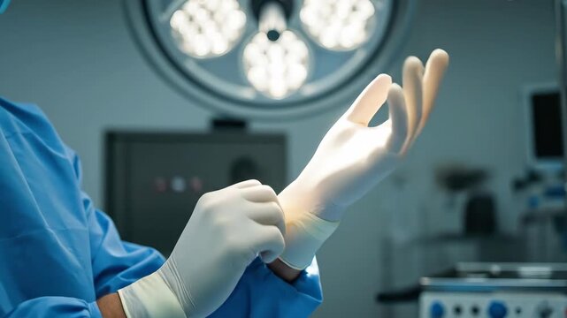 Medical professional donning surgical gloves under bright operating room lights