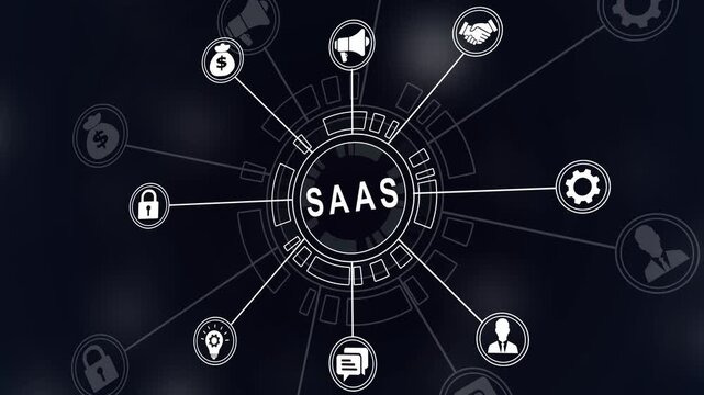 SaaS (software as a service) concept.SaaS icons for software services on cloud system. Internet and Financial 4k icons on a virtual screen.