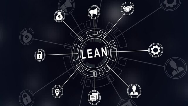 Lean manufacturing and six sigma management concept. smart industry, quality control, standardization, Financial 4k icons on a virtual screen.