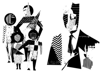 Fototapeta premium Stylized human forms composed of geometric shapes, halftone textures, and bold, abstract expression, graphic design, vector art, modern minimalism.