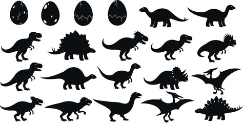 Collection of prehistoric dinosaur silhouettes and cracked eggs including Tyrannosaurus Rex Triceratops Stegosaurus and Pterodactyl for creative vector design projects © BIPUL