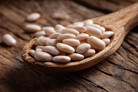 Close-up still life of navy beans in a wooden spoon on a rustic surface