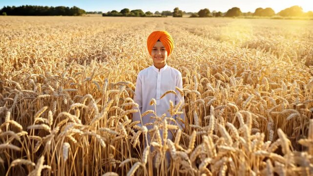 A joyful young sikh boy in an orange turban stands smiling in a golden wheat field at sunset, embodying the spirit of vaisakhi.
