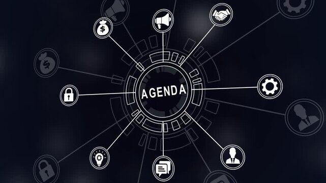 Agenda meeting appointment activity information concept. agenda meeting plan schedule in personal organizer .Financial 4k icons on a virtual screen.