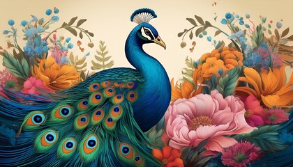 Fototapeta premium peacock amidst floral splendor an enchanting tapestry of nature