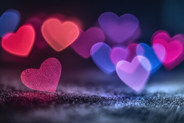 Obraz premium Colorful heart bokeh glow against velvet-like night background