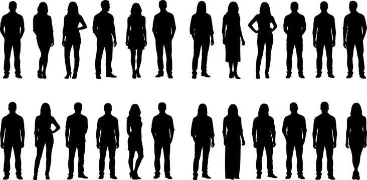 Large Collection of Professional People Silhouettes Featuring Men and Women in Casual and Business Standing Poses for Diverse Vector Design Projects