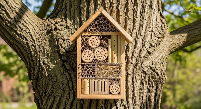 Wooden insect hotel on tree, offering shelter for garden insects. Eco-friendly insect hotel features bamboo, drilled wood, creating pollinator habitats. Sustainable insect hotel promotes biodiversity.