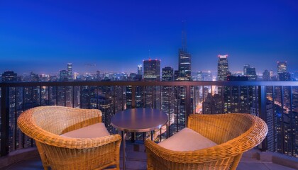Fototapeta premium Urban Oasis at Twilight: A captivating view of a city skyline at dusk, from an inviting rooftop terrace featuring stylish wicker chairs and a small table, creating a serene and luxurious setting.