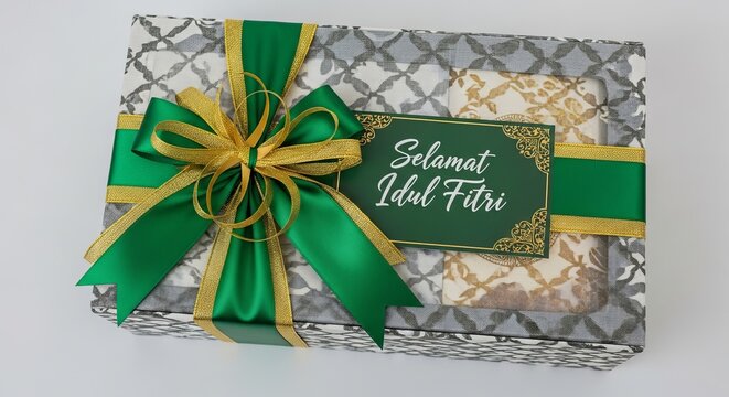  An elegant "Hampers Lebaran" gift box containing traditional prayer attire (Mukena) or scarves, specifically prepared for the Islamic holiday of Eid al-Fitr.
