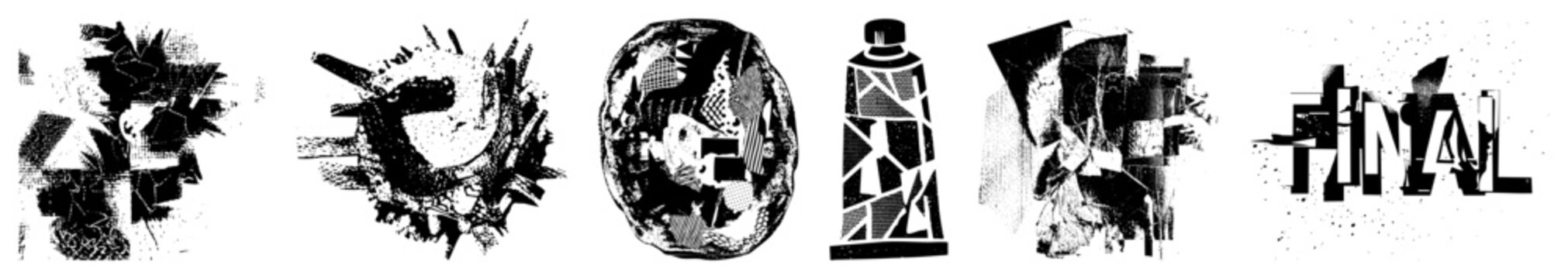 Bold fragmented letters styled with halftone textures and geometric, abstract type design, graphic art, vector typography, letterforms.