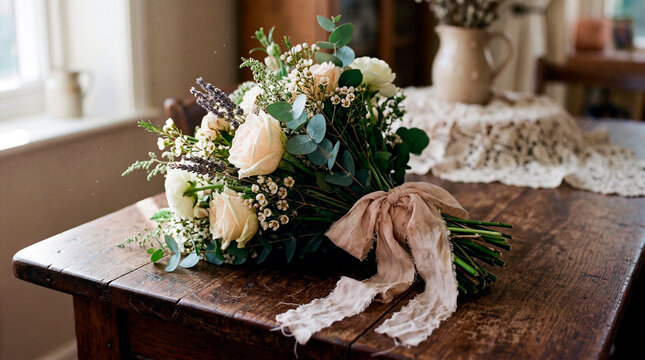 A bouquet of flowers tied with a faded vintage silk ribbon from my grandmother's collection.