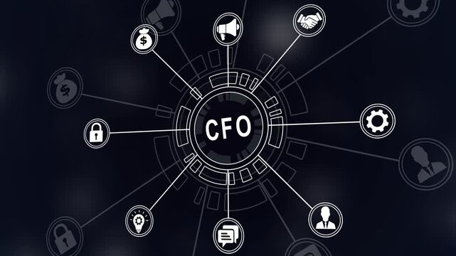 CFO Chief Financial Officer circular diagram with icons and text on dark Financial 4k icons on a virtual screen. background finance accounting