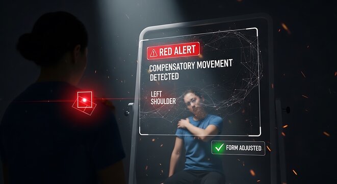 Futuristic AI system analyzes posture movement identifying compensatory patterns for health performance monitoring concept