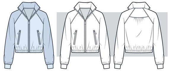 Women Tennis Jacket Fashion Flat Technical Drawing, Athletic Zip Up Sports Jacket CAD Template Front and Back View © Liubov Hladka