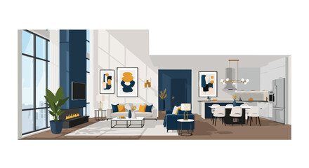 Contemporary Loft Interior Design Featuring Open-Concept Living, Dining, and Kitchen Areas with Stylish Decor © Rizky