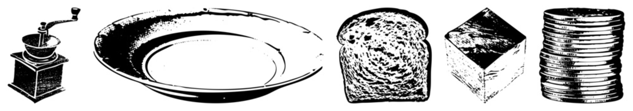 Black and white vector illustration of kitchen staples hand crank grinder, shallow bowl, sliced bread, butter block, coin pile minimalist flat design.