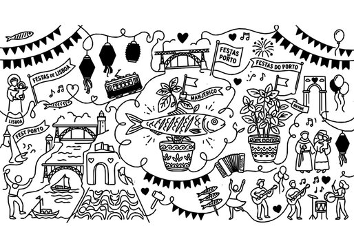 Popular Saints Festival Monoline Background with Sardine and Basil