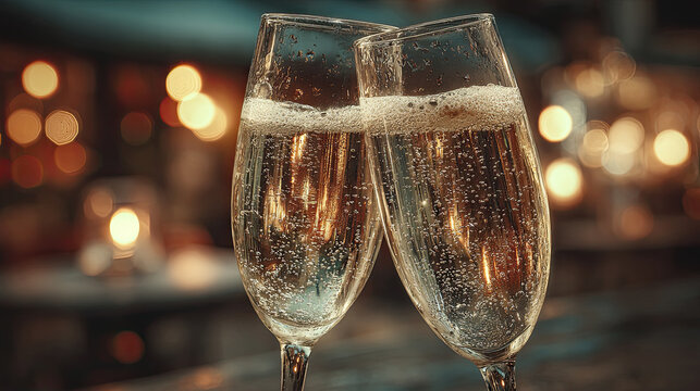 Champagne flutes clinking with golden bubbles