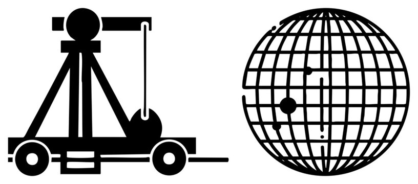Black silhouette of trebuchet catapult and gridded globe, medieval warfare and global map symbols, vector for strategy or education.